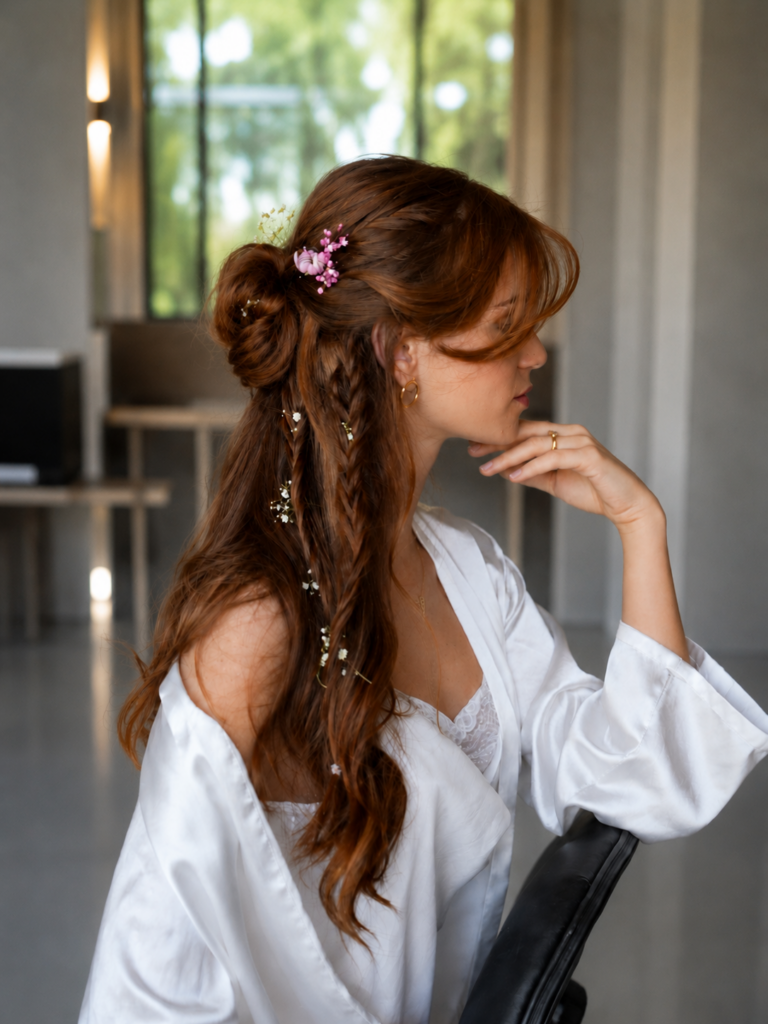 כלה בסגנון בוהו עם צמות ופרחים